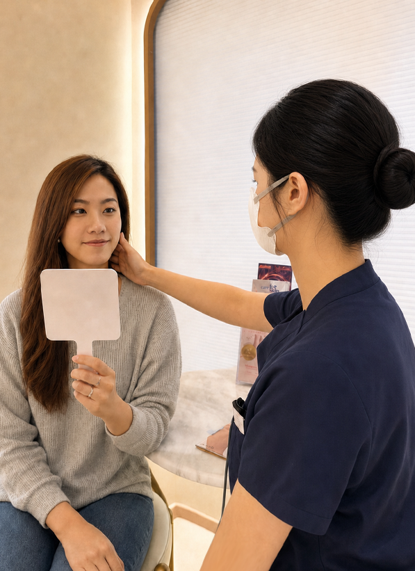 客人於 ANUMI Skin Clinic一對一與專業治療師溝通專業治療師會一對一聆聽您的肌膚困擾、生活習慣與保養目標